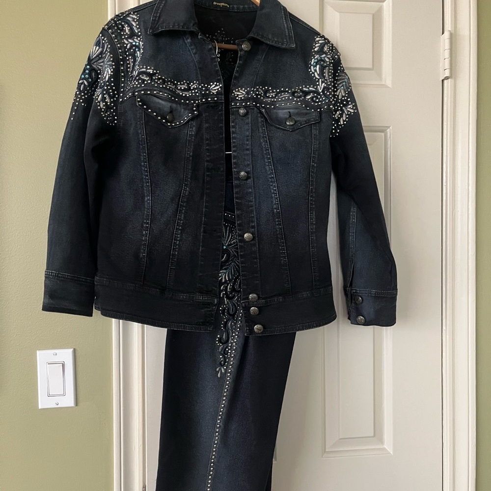 Embellished Denim Jacket and Pants Set